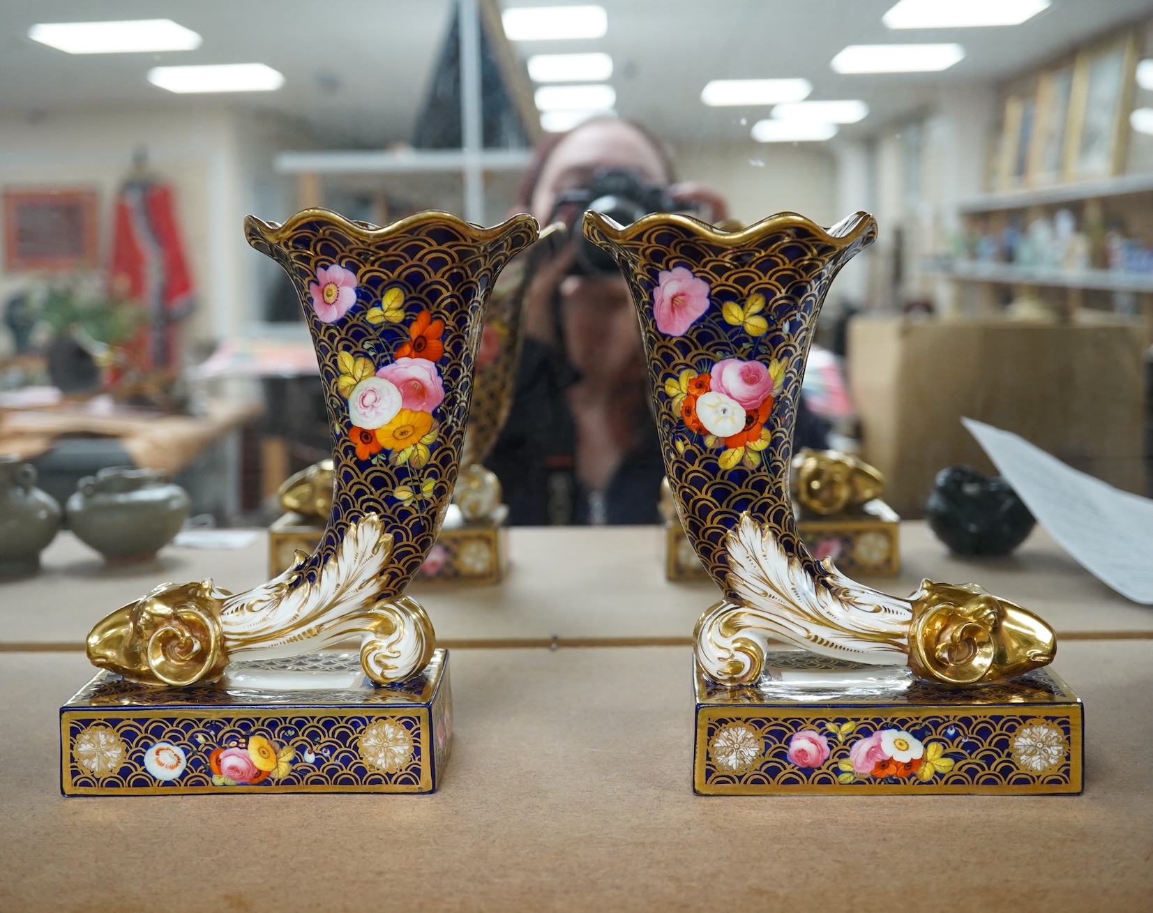 A pair of Spode cornucopia vases, 18cm high (a.f.). Condition - restored